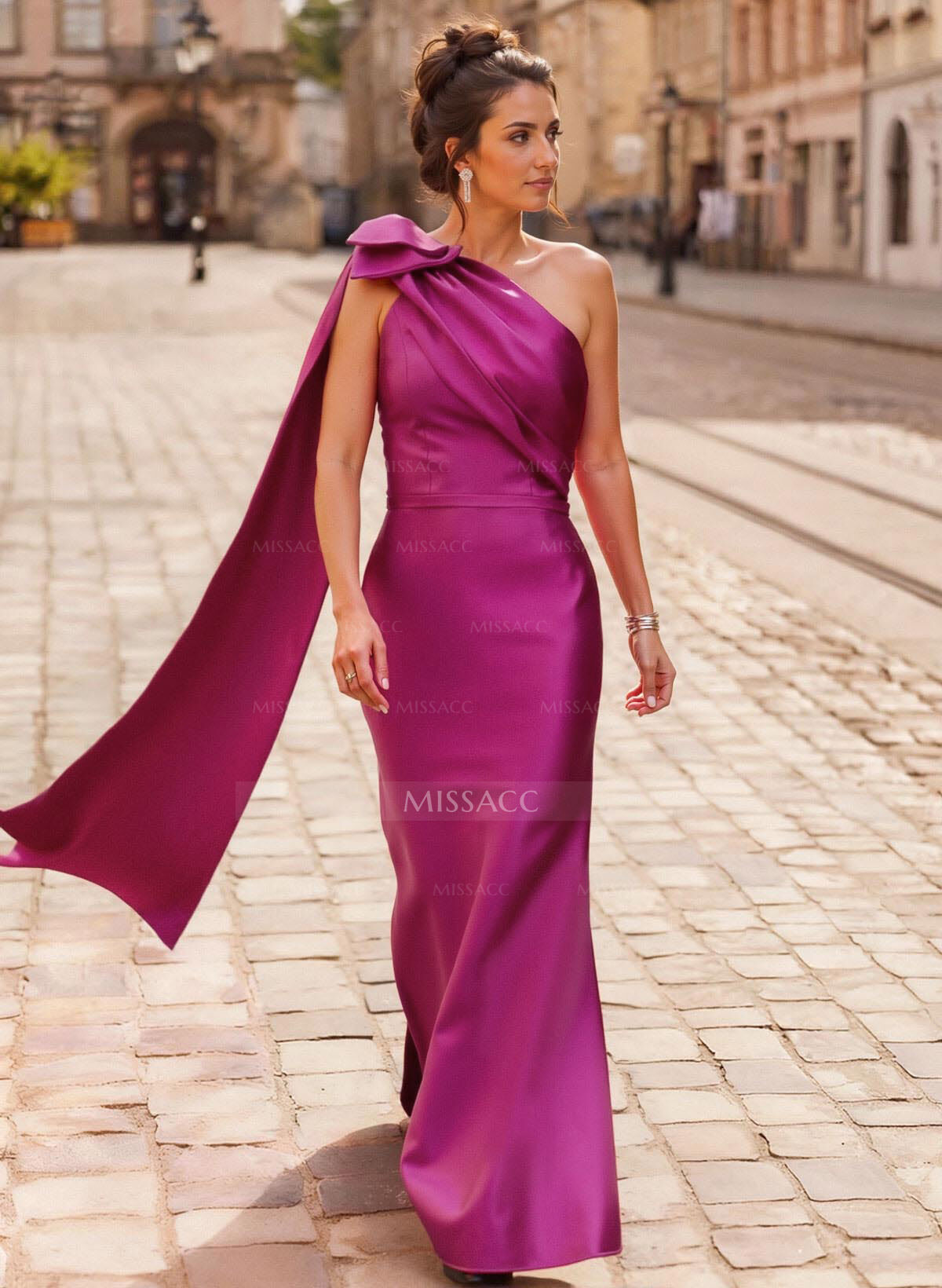 Trumpet/Mermaid One-Shoulder Sleeveless Floor-Length Satin Mother Of The Bride Dresses With Sweeping Side Drape/Shoulder Ruffle/Back Slit