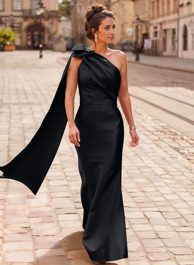 Trumpet/Mermaid One-Shoulder Sleeveless Floor-Length Satin Mother Of The Bride Dresses With Sweeping Side Drape/Shoulder Ruffle/Back Slit