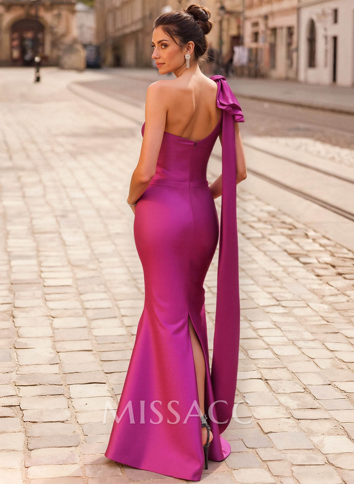 Trumpet/Mermaid One-Shoulder Sleeveless Floor-Length Satin Mother Of The Bride Dresses With Sweeping Side Drape/Shoulder Ruffle/Back Slit