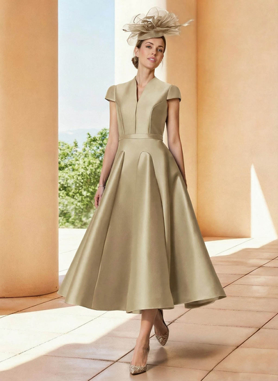 A-Line V-Neck Short Sleeves Tea-Length Satin Mother Of The Bride Dresses