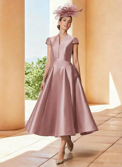 A-Line V-Neck Short Sleeves Tea-Length Satin Mother Of The Bride Dresses