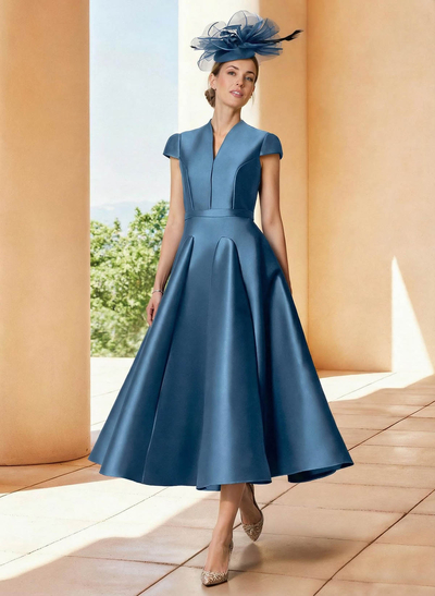 A-Line V-Neck Short Sleeves Tea-Length Satin Mother Of The Bride Dresses