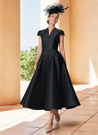 A-Line V-Neck Short Sleeves Tea-Length Satin Mother Of The Bride Dresses