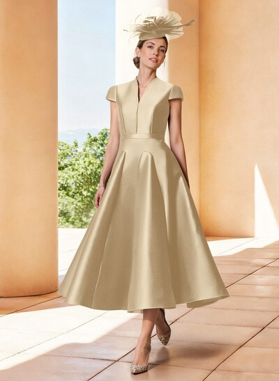 A-Line V-Neck Short Sleeves Tea-Length Satin Mother Of The Bride Dresses