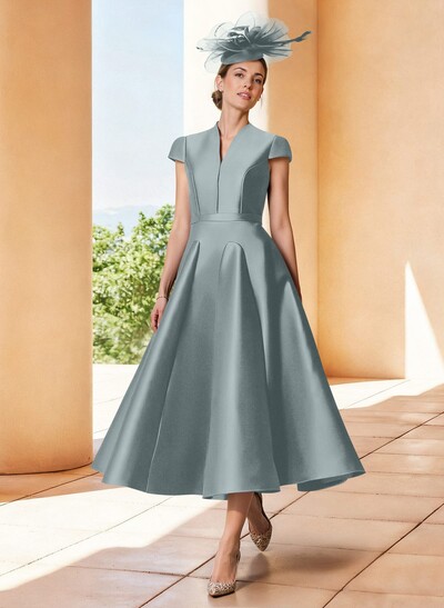 A-Line V-Neck Short Sleeves Tea-Length Satin Mother Of The Bride Dresses