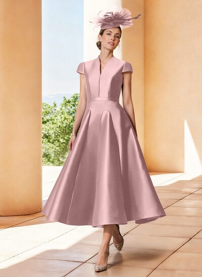 A-Line V-Neck Short Sleeves Tea-Length Satin Mother Of The Bride Dresses