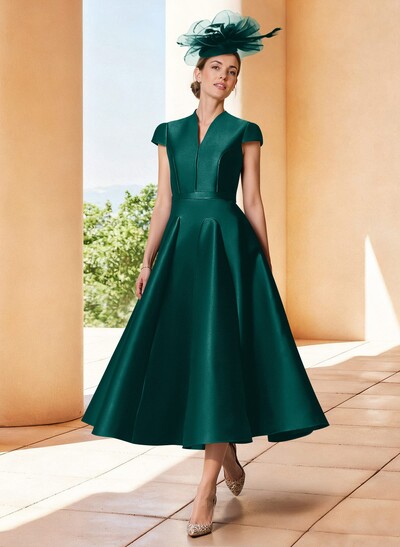A-Line V-Neck Short Sleeves Tea-Length Satin Mother Of The Bride Dresses