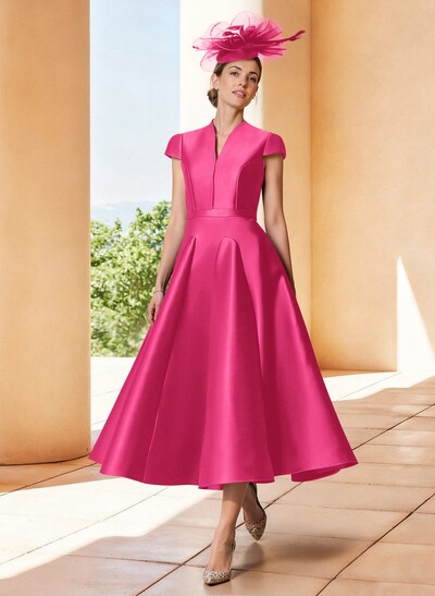 A-Line V-Neck Short Sleeves Tea-Length Satin Mother Of The Bride Dresses