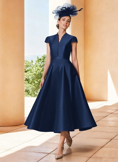 A-Line V-Neck Short Sleeves Tea-Length Satin Mother Of The Bride Dresses