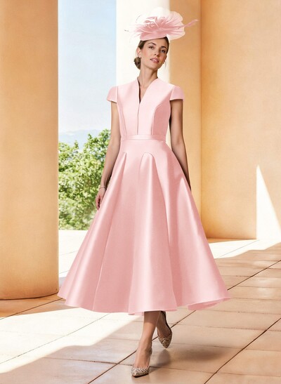 A-Line V-Neck Short Sleeves Tea-Length Satin Mother Of The Bride Dresses
