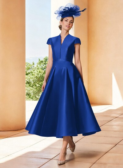 A-Line V-Neck Short Sleeves Tea-Length Satin Mother Of The Bride Dresses