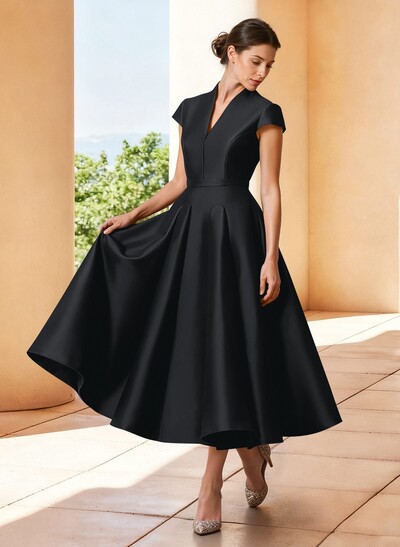A-Line V-Neck Short Sleeve Midi Satin Mother of the Bride Dresses