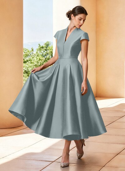 A-Line V-Neck Short Sleeves Tea-Length Satin Mother Of The Bride Dresses