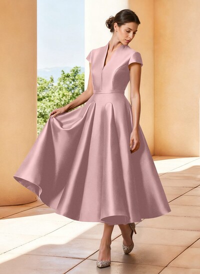 A-Line V-Neck Short Sleeves Tea-Length Satin Mother Of The Bride Dresses