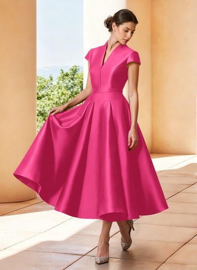 A-Line V-Neck Short Sleeves Tea-Length Satin Mother Of The Bride Dresses