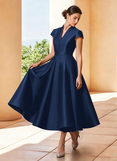 A-Line V-Neck Short Sleeves Tea-Length Satin Mother Of The Bride Dresses