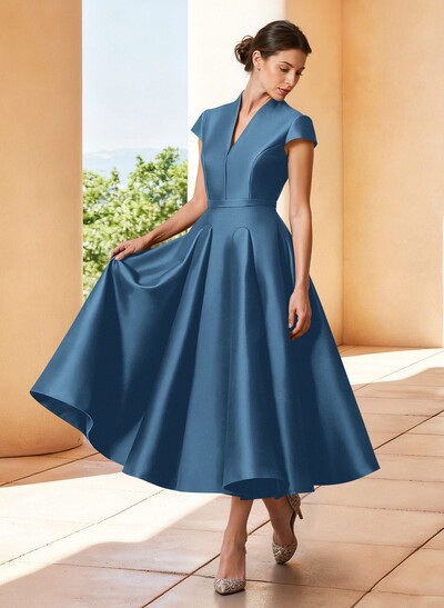 A-Line V-Neck Short Sleeve Midi Satin Mother of the Bride Dresses