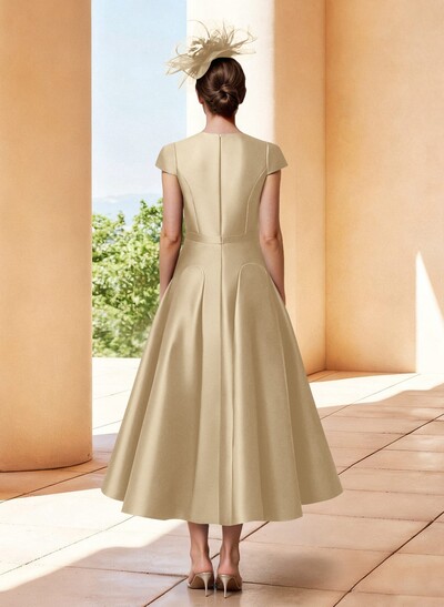 A-Line V-Neck Short Sleeves Tea-Length Satin Mother Of The Bride Dresses