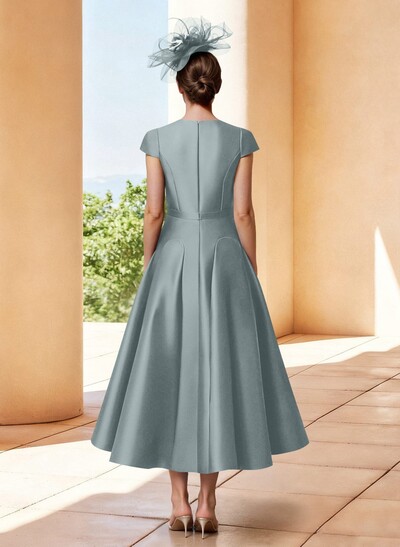 A-Line V-Neck Short Sleeves Tea-Length Satin Mother Of The Bride Dresses