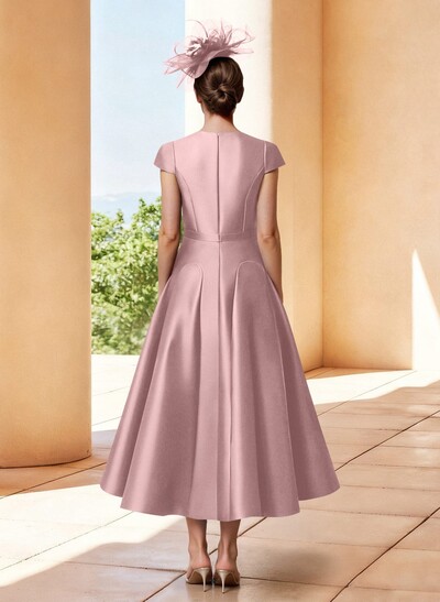 A-Line V-Neck Short Sleeves Tea-Length Satin Mother Of The Bride Dresses