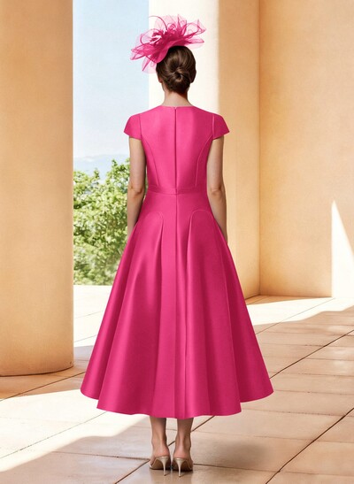 A-Line V-Neck Short Sleeves Tea-Length Satin Mother Of The Bride Dresses