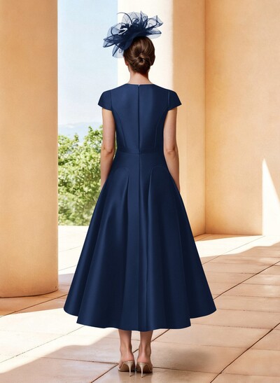 A-Line V-Neck Short Sleeves Tea-Length Satin Mother Of The Bride Dresses