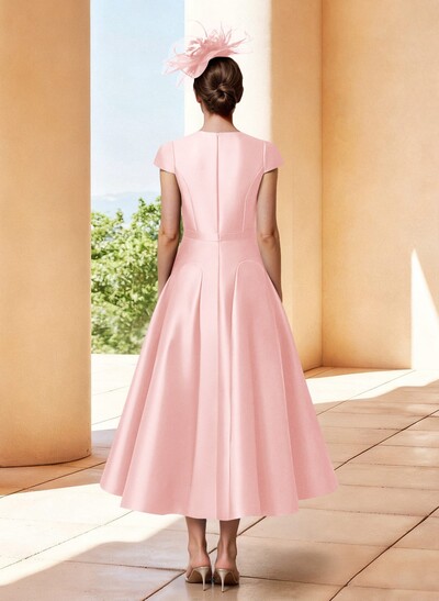 A-Line V-Neck Short Sleeves Tea-Length Satin Mother Of The Bride Dresses
