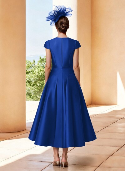 A-Line V-Neck Short Sleeves Tea-Length Satin Mother Of The Bride Dresses
