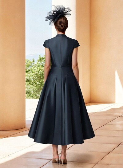 A-Line V-Neck Short Sleeves Tea-Length Satin Mother Of The Bride Dresses