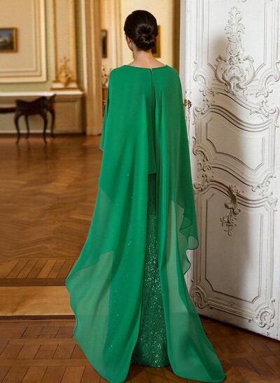 Sheath/Column Scoop Neck Cape Sleeves Floor-Length Chiffon/Sequined(N Evening Dresses With Ruffle/Sweeping Side Drape