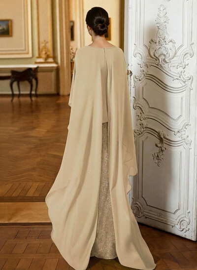 Sheath/Column Scoop Neck Cape Sleeves Floor-Length Chiffon/Sequined Mother Of The Bride Dresses With Ruffle/Sweeping Side Drape