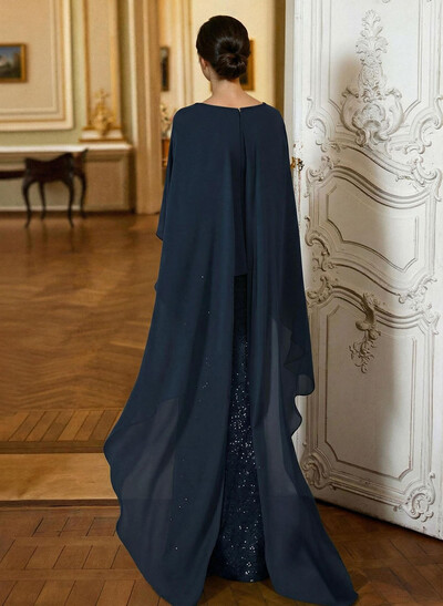 Sheath/Column Scoop Neck Cape Sleeves Floor-Length Chiffon/Sequined Mother Of The Bride Dresses With Ruffle/Sweeping Side Drape