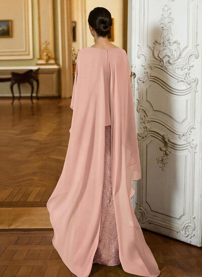 Sheath/Column Scoop Neck Cape Sleeves Floor-Length Chiffon/Sequined Mother Of The Bride Dresses With Ruffle/Sweeping Side Drape