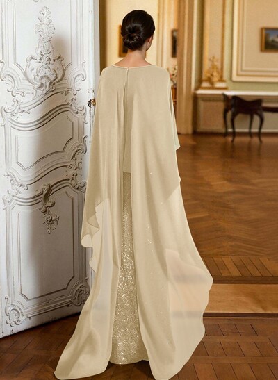 Sheath/Column Scoop Neck Cape Sleeves Floor-Length Chiffon/Sequined Mother Of The Bride Dresses With Ruffle/Sweeping Side Drape