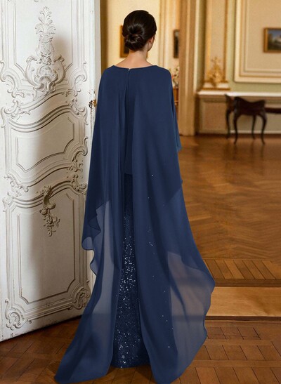 Sheath/Column Scoop Neck Cape Sleeves Floor-Length Chiffon/Sequined Mother Of The Bride Dresses With Ruffle/Sweeping Side Drape