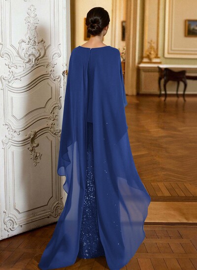 Sheath/Column Scoop Neck Cape Sleeves Floor-Length Chiffon/Sequined Mother Of The Bride Dresses With Ruffle/Sweeping Side Drape