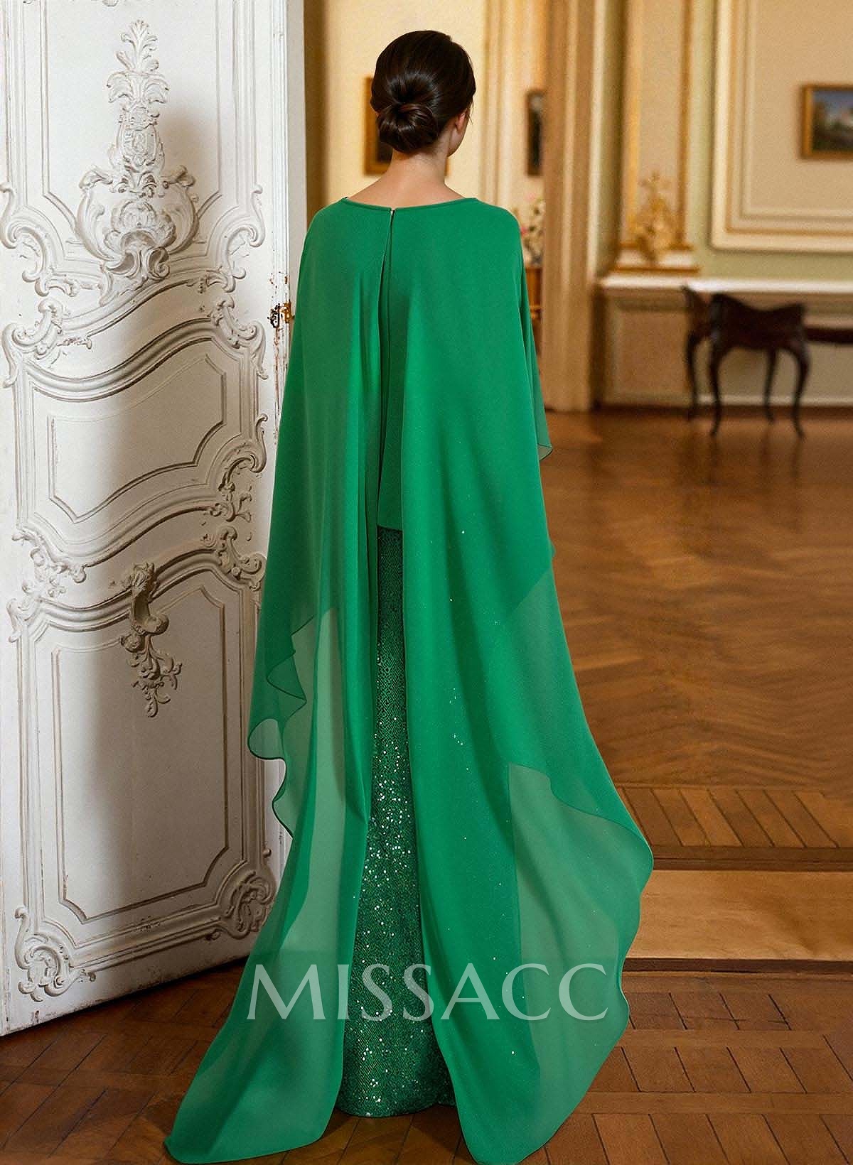 Sheath/Column Scoop Neck Cape Sleeves Floor-Length Chiffon/Sequined Mother Of The Bride Dresses With Ruffle/Sweeping Side Drape