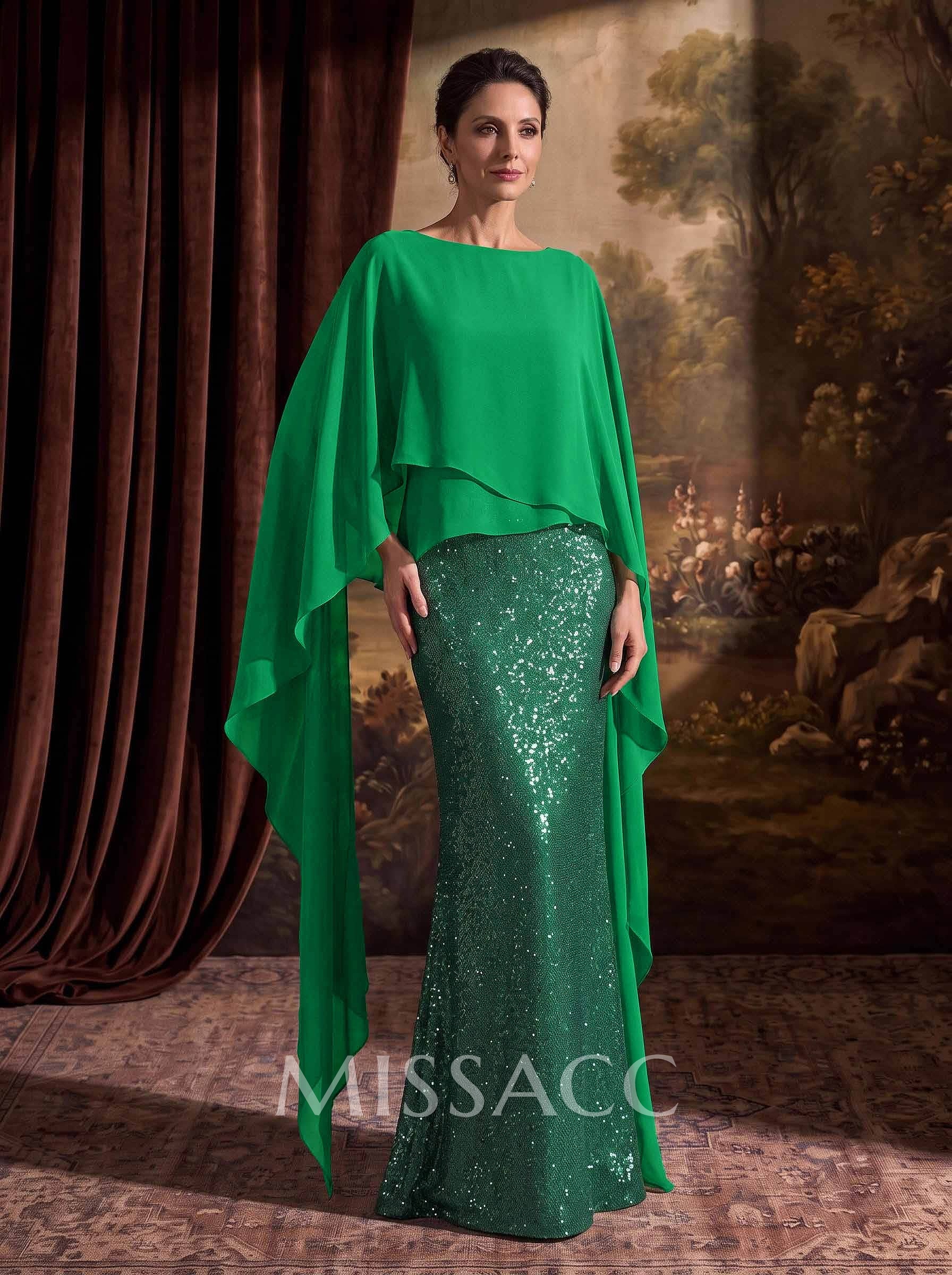 Sheath/Column Scoop Neck Cape Sleeves Floor-Length Chiffon/Sequined Mother Of The Bride Dresses With Ruffle/Sweeping Side Drape
