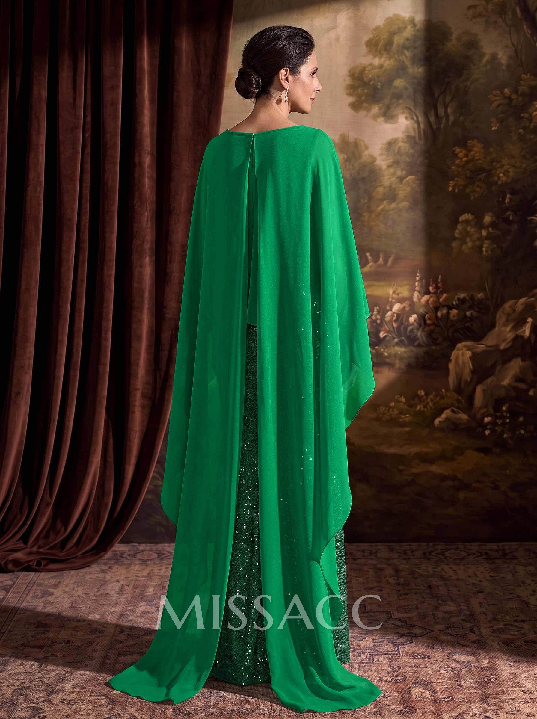 Sheath/Column Scoop Neck Cape Sleeves Floor-Length Chiffon/Sequined Mother Of The Bride Dresses With Ruffle/Sweeping Side Drape