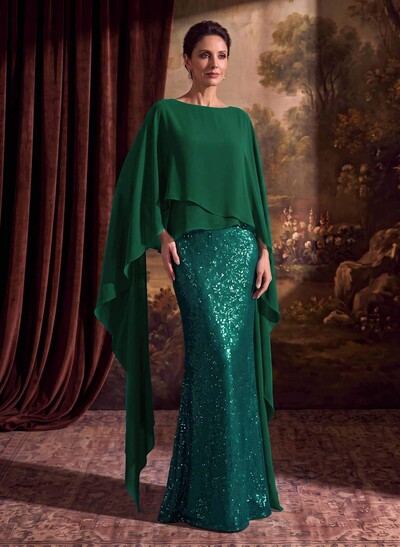 Sheath/Column Scoop Neck Cape Sleeves Floor-Length Chiffon/Sequined Mother Of The Bride Dresses With Ruffle/Sweeping Side Drape