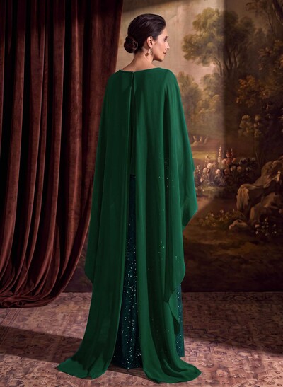 Sheath/Column Scoop Neck Cape Sleeves Floor-Length Chiffon/Sequined Mother Of The Bride Dresses With Ruffle/Sweeping Side Drape