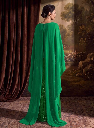 Sheath/Column Scoop Neck Cape Sleeves Floor-Length Chiffon/Sequined Mother Of The Bride Dresses With Ruffle/Sweeping Side Drape