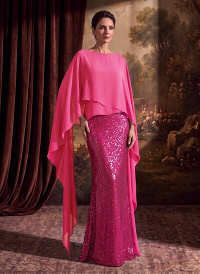 Sheath/Column Scoop Neck Cape Sleeves Floor-Length Chiffon/Sequined Mother Of The Bride Dresses With Ruffle/Sweeping Side Drape