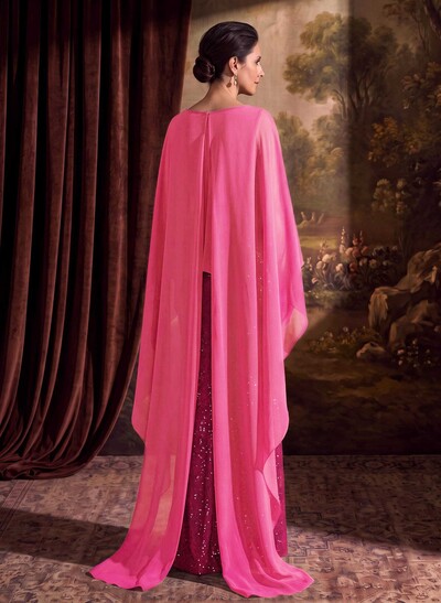 Sheath/Column Scoop Neck Cape Sleeves Floor-Length Chiffon/Sequined Mother Of The Bride Dresses With Ruffle/Sweeping Side Drape