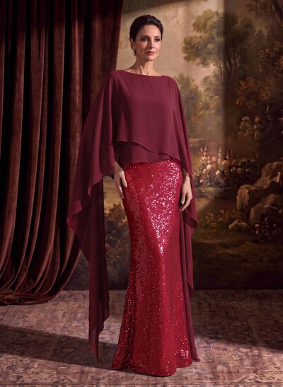 Sheath/Column Scoop Neck Cape Sleeves Floor-Length Chiffon/Sequined Mother Of The Bride Dresses With Ruffle/Sweeping Side Drape