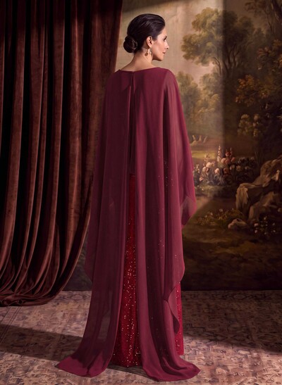 Sheath/Column Scoop Neck Cape Sleeves Floor-Length Chiffon/Sequined Mother Of The Bride Dresses With Ruffle/Sweeping Side Drape