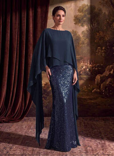 Sheath/Column Scoop Neck Cape Sleeves Floor-Length Chiffon/Sequined Mother Of The Bride Dresses With Ruffle/Sweeping Side Drape
