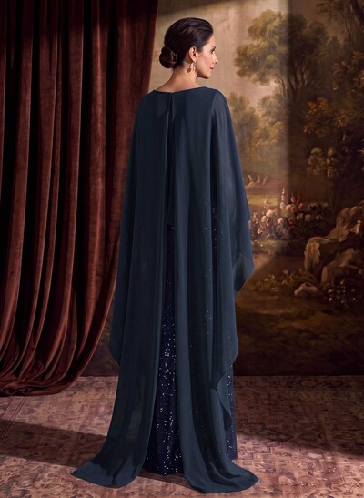 Sheath/Column Scoop Neck Cape Sleeves Floor-Length Chiffon/Sequined Mother Of The Bride Dresses With Ruffle/Sweeping Side Drape