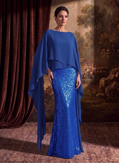 Sheath/Column Scoop Neck Cape Sleeves Floor-Length Chiffon/Sequined Mother Of The Bride Dresses With Ruffle/Sweeping Side Drape