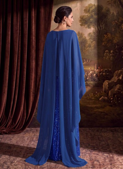 Sheath/Column Scoop Neck Cape Sleeves Floor-Length Chiffon/Sequined Mother Of The Bride Dresses With Ruffle/Sweeping Side Drape